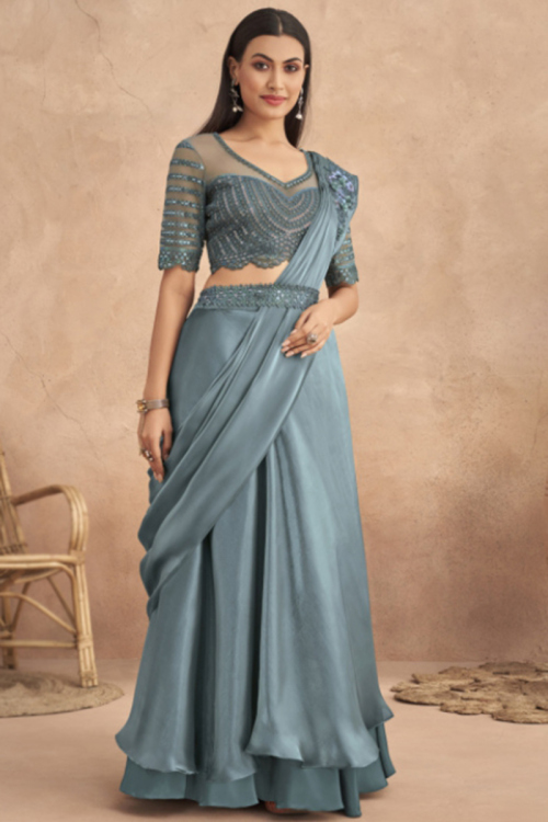 Bluish Grey Satin Silk Embroidered Lehenga Style Saree