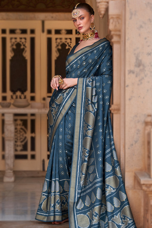 Bluish Grey Silk Foil Print Broad Border Saree