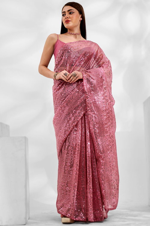 Blush Pink Organza Embroidered Light Weight Saree