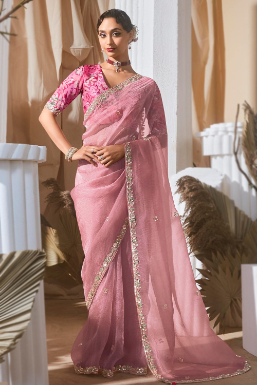 Blush Pink Tissue Silk Saree with Sequins Work For Festival