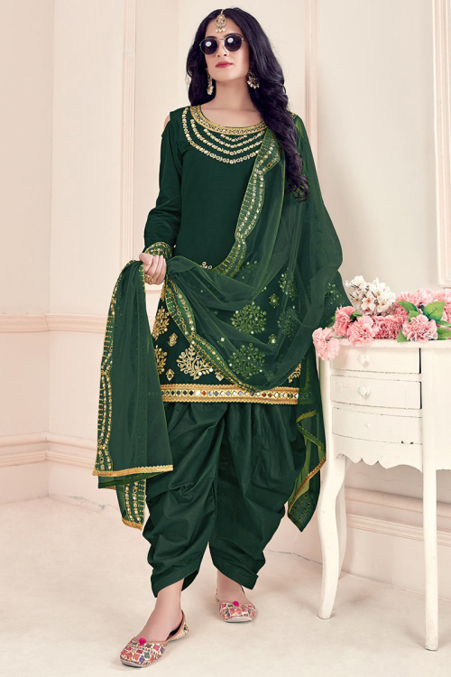 Wedding Special Bottle Green Art Silk Embroidered Patiala Party Wear Salwar Kameez