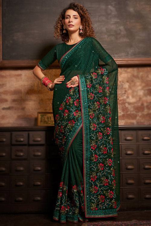 Bottle Green Chiffon Zari Embroidered Broad Border Saree