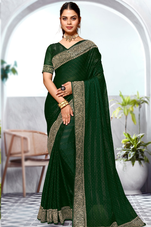 Bottle Green Chiffon Zari Embroidered Shimmer Saree