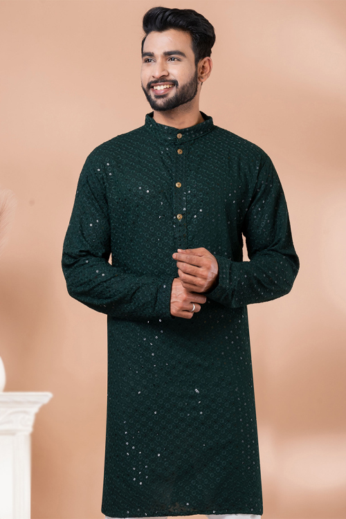 Bottle Green Chikankari Embroidered Rayon Men's Kurta For Mehndi 