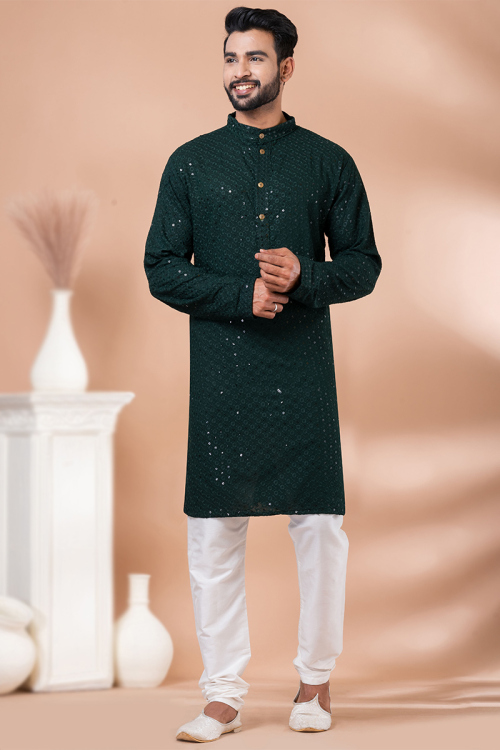 Bottle Green Chikankari Embroidered Rayon Men's Kurta Pajama