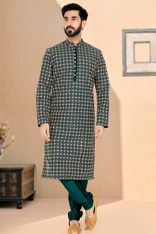 Bottle Green Georgette Churidar Men Kurta Pajama