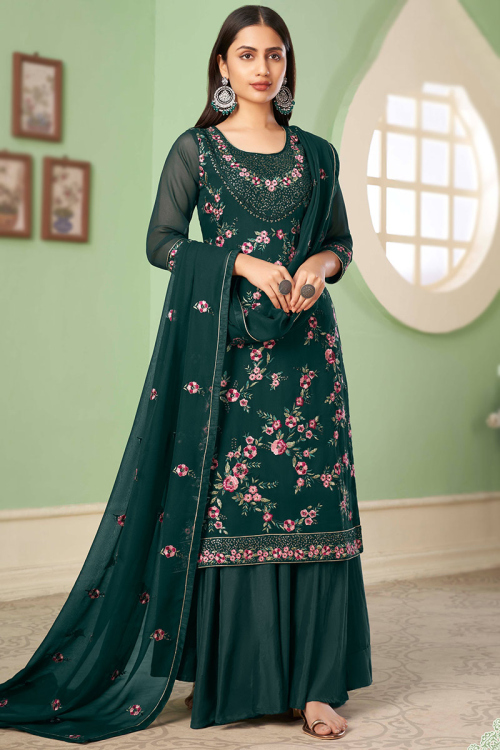 Georgette Trouser Suit in Bottle Green colour for Party 