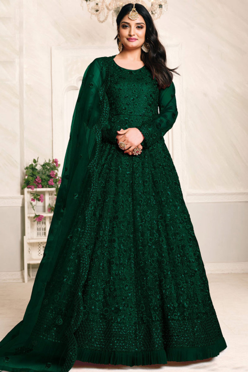 Bottle Green Net Sequins Embroidered Anarkali Suit