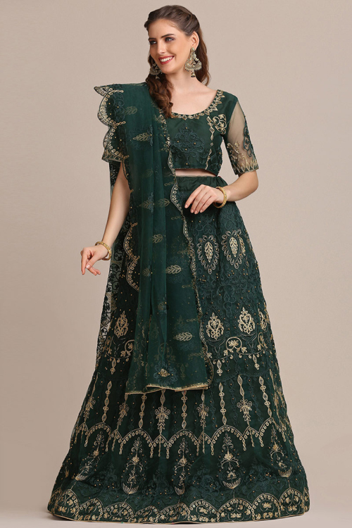 Bottle Green Organza Silk Embroidered Lehenga