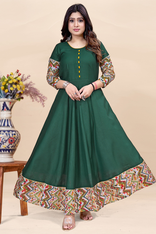 Bottle Green Rayon Kurti with Printed Detailing