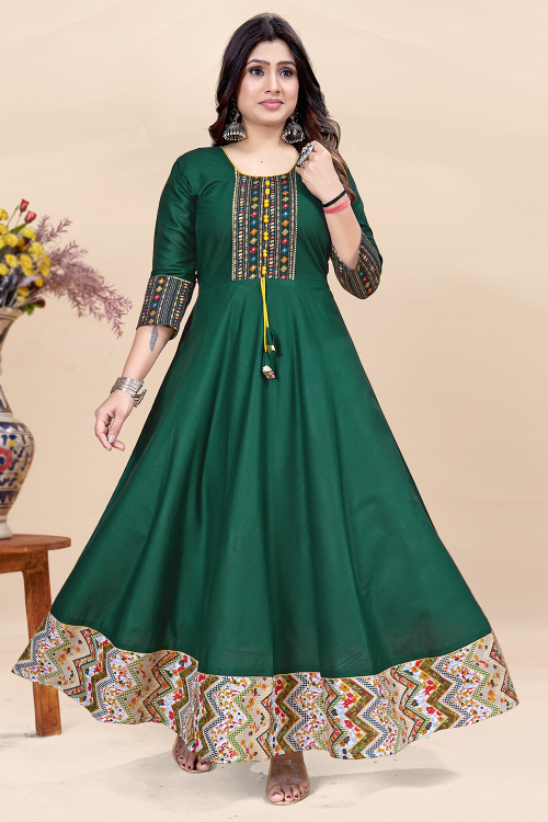 Bottle Green Rayon Kurti with Gota Patti & Printed Work