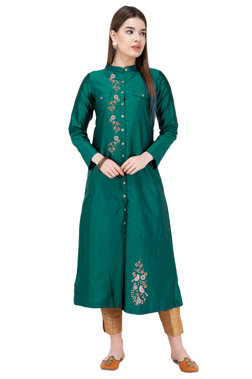 Bottle Green Silk Embroidered A Line Kurti