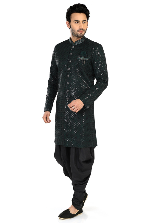 Bottle Green Silk Embroidered Dhoti Style Men's Sherwani