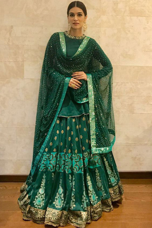 Bottle Green Silk Embroidered Lehenga