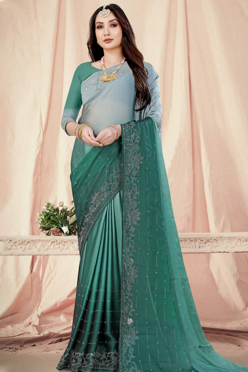 Bottle Green Silk Printed Ombre Saree 