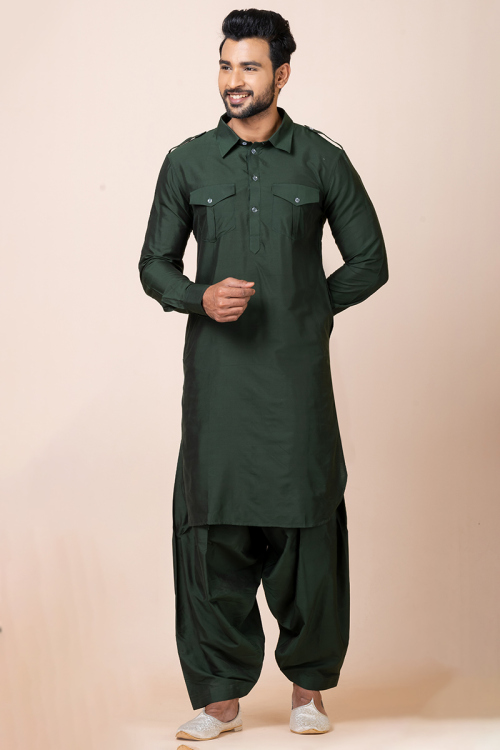 Bottle Green Silk Straight Cut Pathani Men's Kurta With Salwar