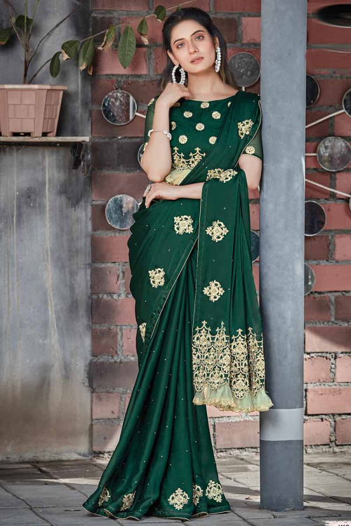 Bottle Green Silk Wedding Wear Embroidered Saree
