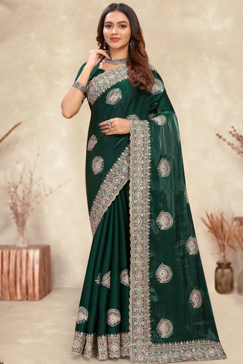 Bottle Green Stone Embellished Heavy Crepe Silk Saree