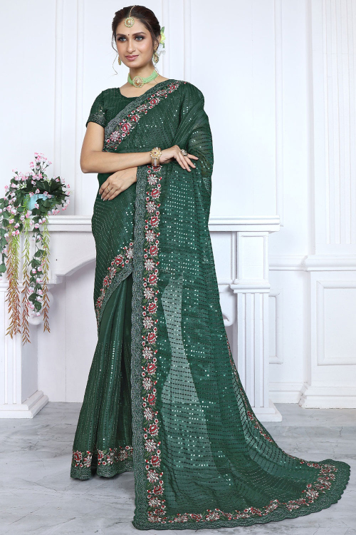 Bottle Green Tissue Saree With Sequins Work For Festival
