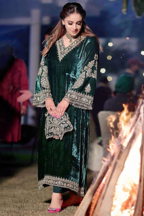 Bottle Green Velvet Embroidered Straight Pants Suit for Wedding & Party