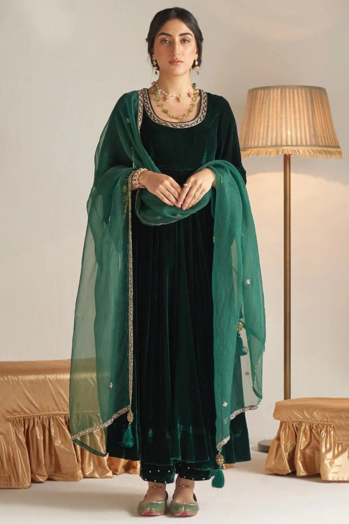 Bottle Green Velvet Trouser Suit with Gota Patti Work for Diwali