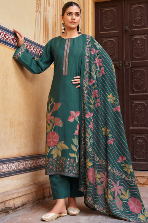 Bottle Green Viscose Straight Pant Suit with Sequins for Diwali