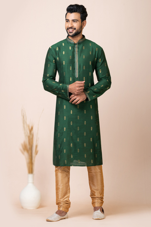 Bottle Green Weaved Zari Silk Men's Kurta With Churidar For Mehndi 
