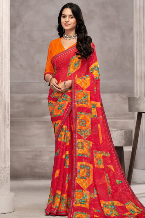 Brick Red Chiffon Saree With Lace Work For Casual Wear