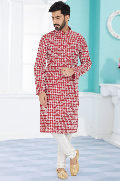 Brick Red Georgette Embroidered Men Kurta Pajama