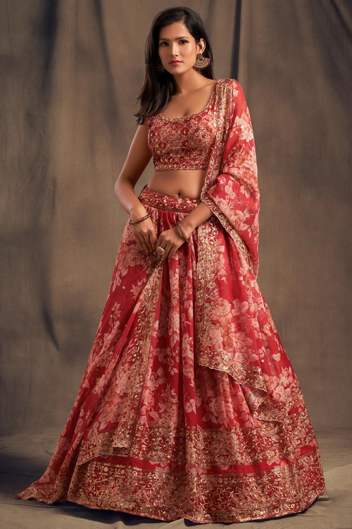 Brick Red Organza Sequins Embroidered Lehenga for Wedding & Party