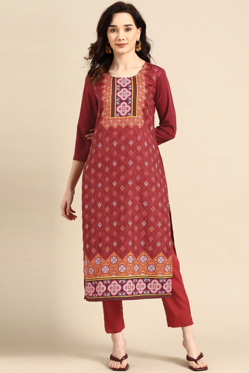 Kurti for Party Wear in Poly Crepe Brick Red with Printed