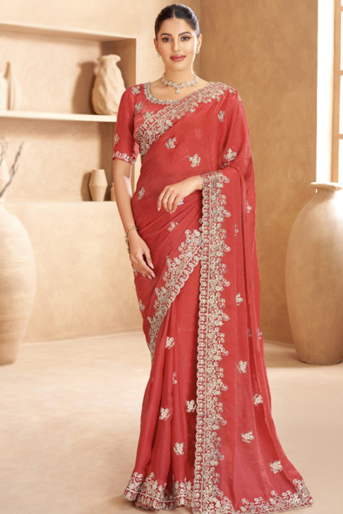 Brick Red Tissue Embroidered Fancy Saree