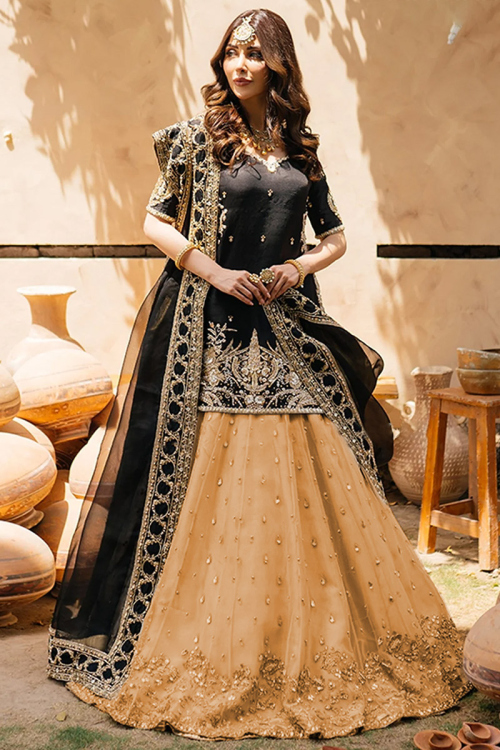 Organza Lehenga in Gold colour with Thread Work for Bridal Wear