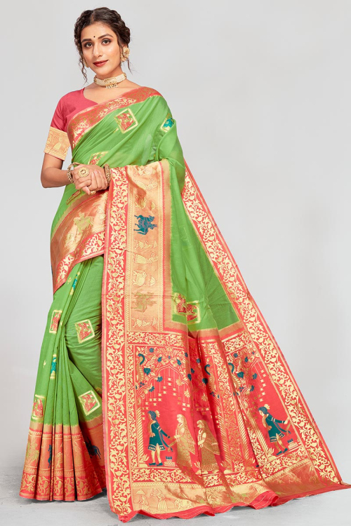 Bright Green Chanderi Cotton Woven Zari Saree