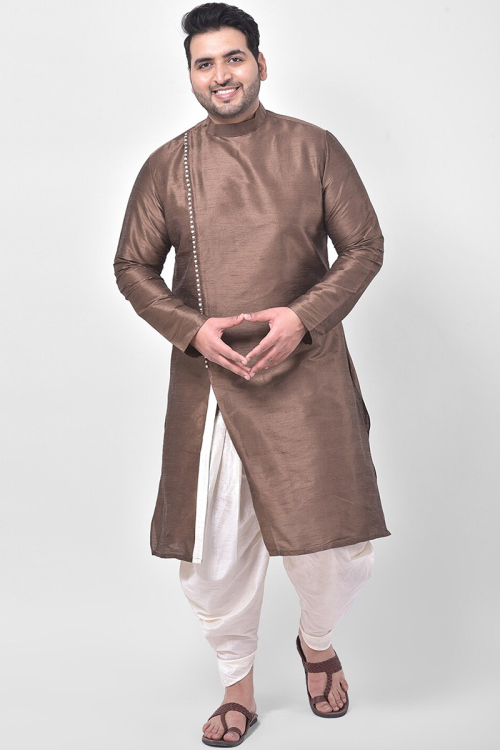 Brown Dupion Silk Indo-Western Men Kurta With Dhoti