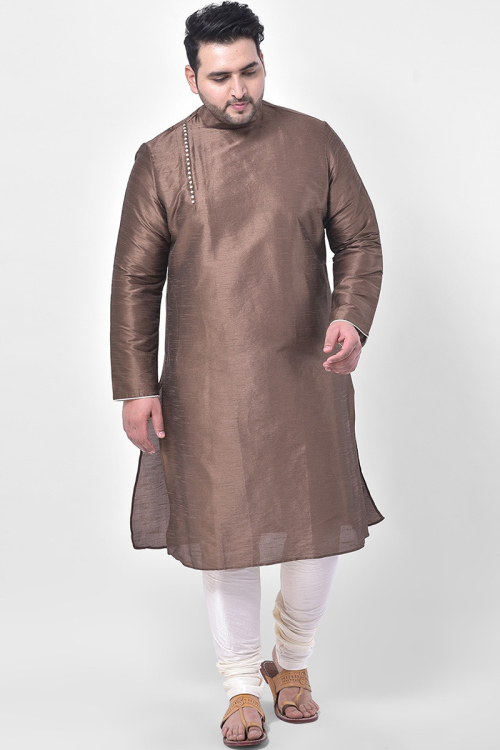 Brown Dupion Silk Men Kurta With Churidar