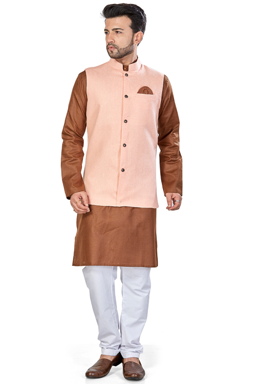 Brown Linen Jacket Style Plain Men Kurta With Churidar