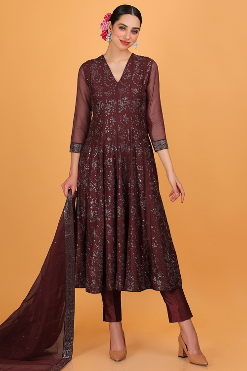 Burgundy Maroon Art Silk Embellished Designer Cigarette Pants Salwar Kameez