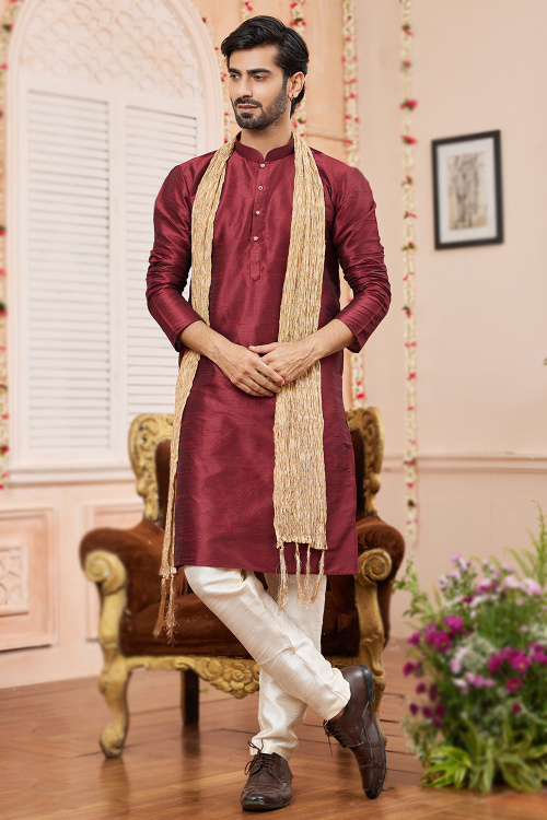 Burgundy Maroon Art Silk Plain Straight Cut Men's Kurta Pajama