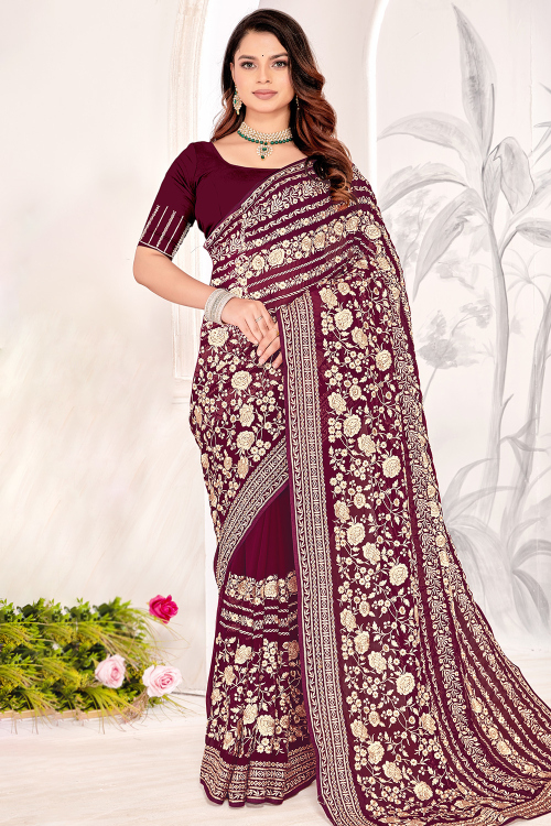 Burgundy Maroon Georgette Saree With Resham Thread Work
