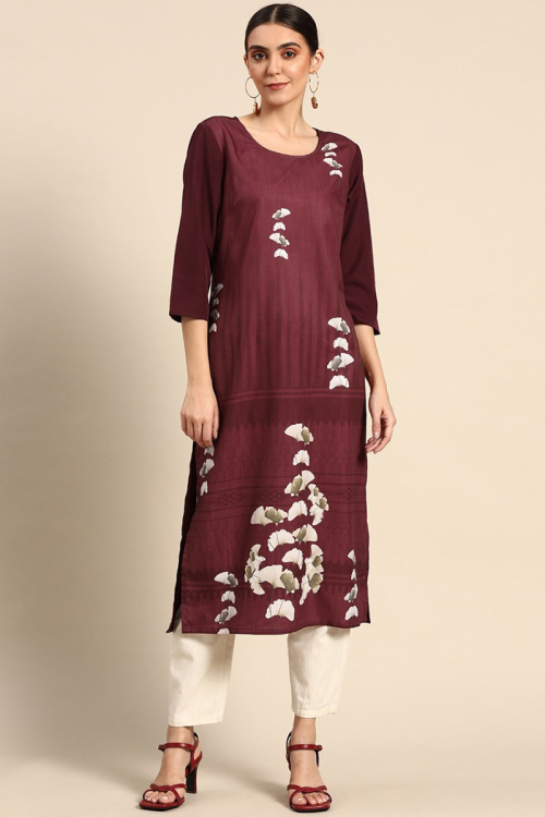 Burgundy Maroon Poly Crepe Priinted Kurti