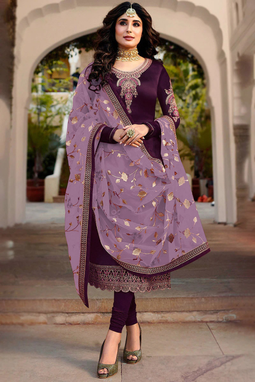 Burgundy Maroon Satin Silk Embroidered Churidar Suit For Sangeet