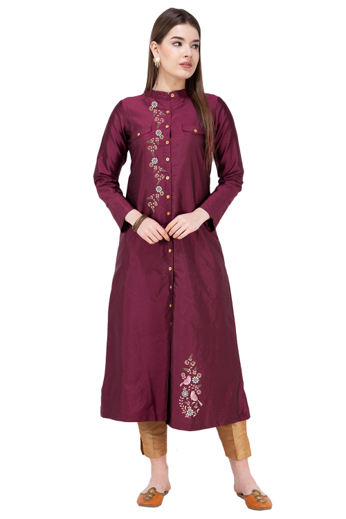 Burgundy Maroon Silk Embroidered A Line Kurti