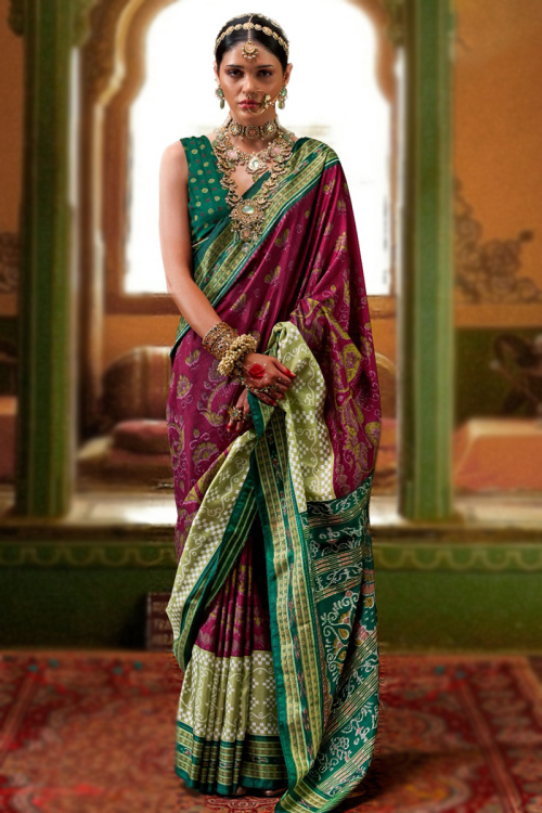 Burgundy Maroon Silk Saree with Sleeveless Zari Blouse