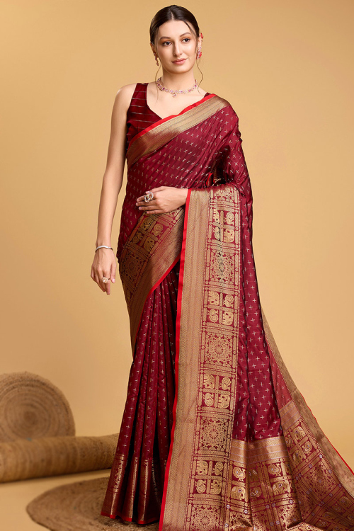 Burgundy Maroon Soft Silk Woven Zari Festival Wear Saree
