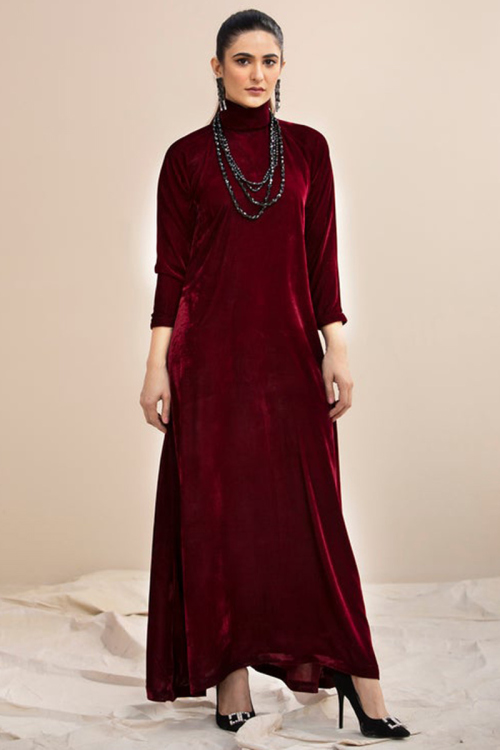 Burgundy Maroon Velvet Abaya Style Gown
