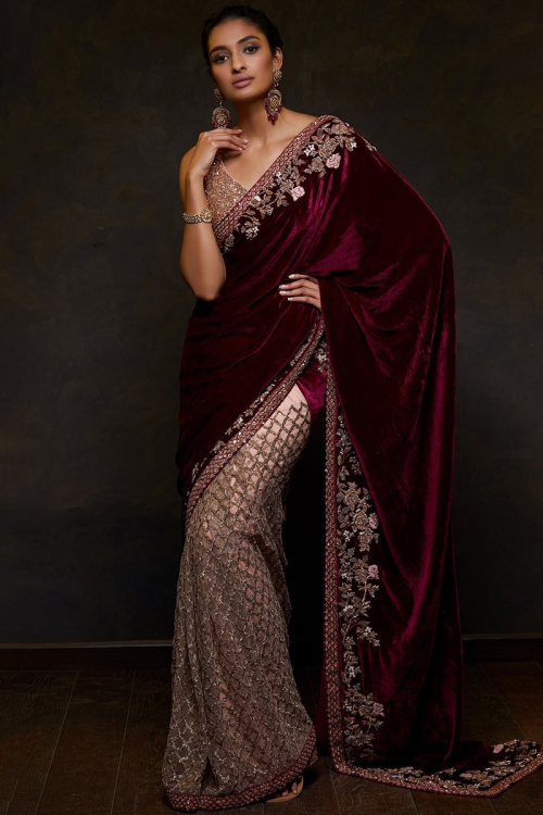 Burgundy Maroon Velvet Embroidered Saree