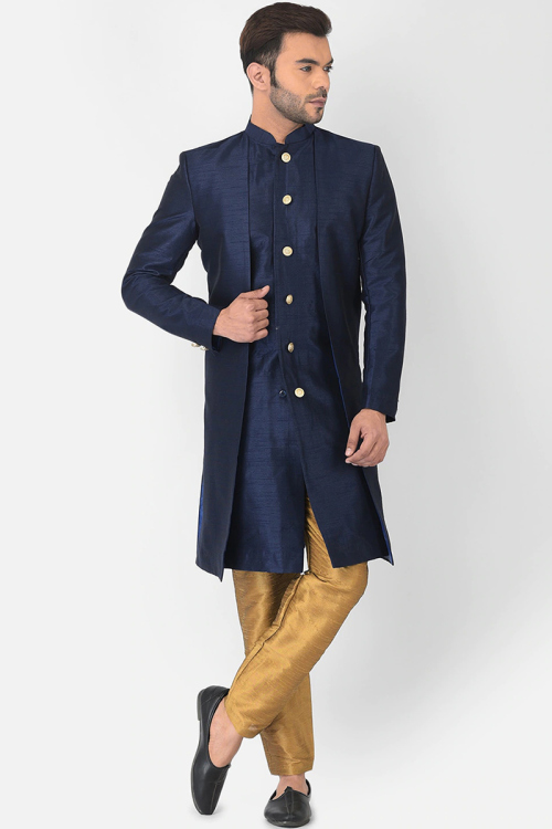 Buy Navy Blue Dupion Silk Men's Jacket Style Indo-Western Sherwani