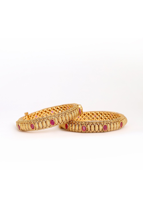 Gold Plated Alloy Pink Stone Studded Traditional Kada 