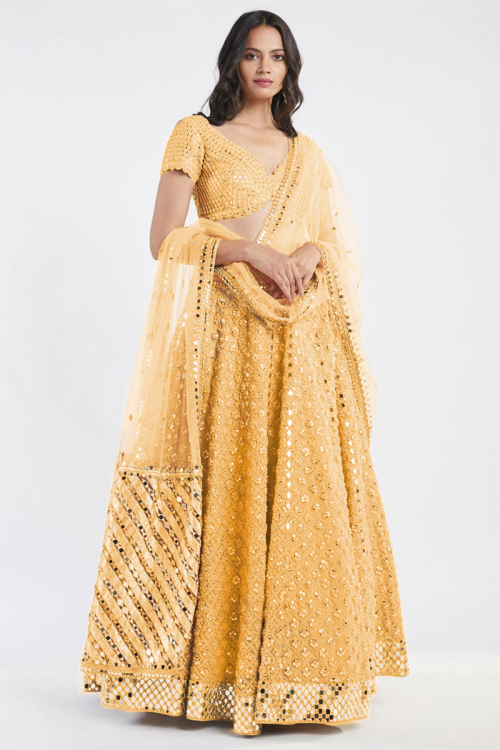 Embroidered Gold Raw Silk A Line Lehenga